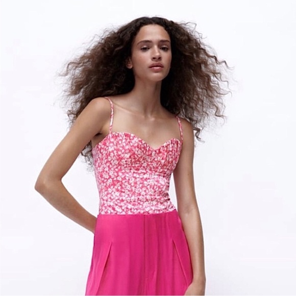 Zara Tops - Zara Printed Corset Bodysuit in Pink White Size Small